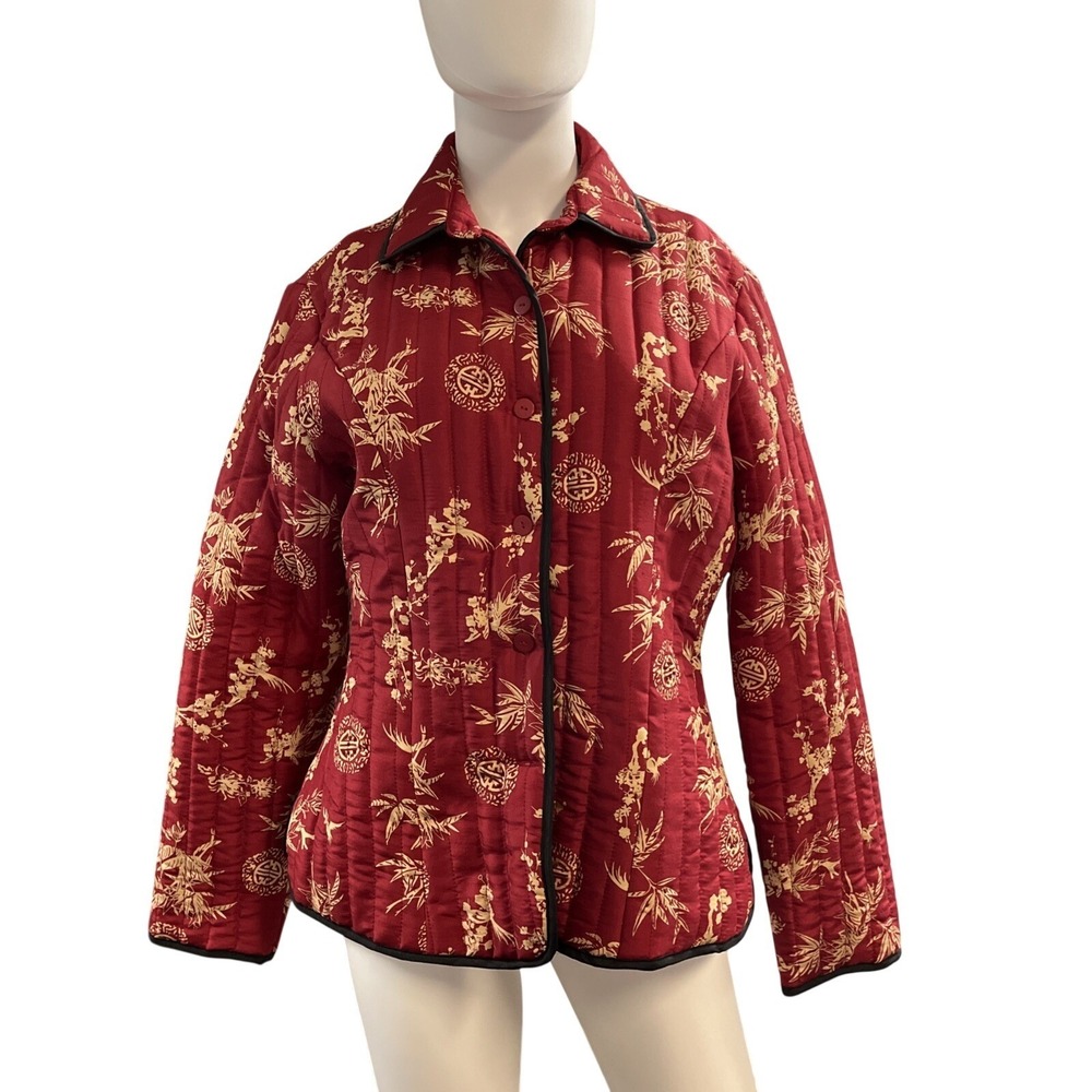 Carole Little Jacket Blazer Red Asian Floral Madarin Print Silk Quilted‎ Size M